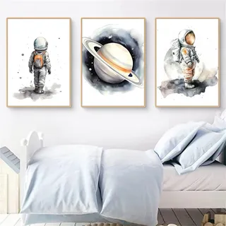 Ueiwffzo 3er Poster Set Bilder Kinderzimmer, Cartoon Astronaut Rakete Planet Wandbilder ohne Rahmen, Niedliche Wanddeko für Babyzimmer Wohnzimmer Kinderzimmer (C,50 x 70 cm)