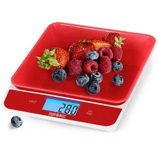 Duronic KS100 RD Küchenwaage - Digitale Lebensmittelwaage mit 1,2 L abnehmbarer Schüssel - Haushaltswaage bis 5kg
