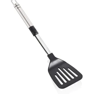 Leifheit Pfannenwender ProLine-Serie, Küchenhelfer aus rostfreiem Edelstahl und Nylon zum Kochen ohne Kratzer, Bratenwender mit ovalem Griff und praktischer Aufhängeöse, silber