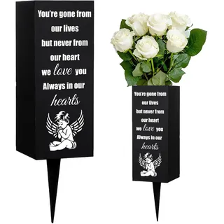 WEBEEDY Friedhofsvasen Grabvase mit Erdspieß Metall Gedenkvasen Engel Friedhofsvase Schwarzer Friedhofsblumenhalter Gedenkgeschenk Für Den Verlust Eines Geliebten Menschen Beerdigung 8x20cm