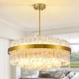 KUNYEEE Gold Kristall-Kronleuchter, bündig montierte Kristall-Deckenleuchte, runde Kronleuchter-Pendelleuchte für Wohnzimmer, Kücheninsel, Esstisch, Flur, G9 x 12 Leuchten, 60 cm