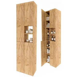 TREND WERK Hochschrank Badschrank schmal stehend B45 x T26,5 x H180 cm (Schmaler Badezimmerschrank mit Regalfächern & Stauraum) Holzoptik, offene & geschlossene Fächer, Standregal Bad, platzsparend goldfarben