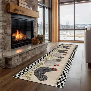 Dppyuxa Bauernhaus Hahn Teppich Läufer Landhausstil Huhn Waschbar & rutschfest, Küchenteppich für Küche, Flur Flurteppich Lang Karierte Blatt Küchenläufer Schmutzabweisend 80x200 cm