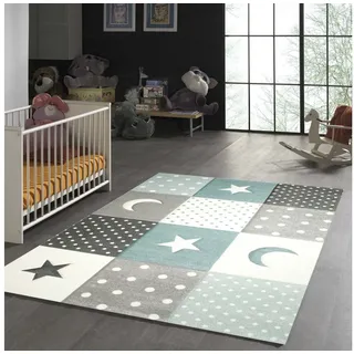 TeppichHome24 Kinderteppich Kinderteppich Stern Mond in Weiss Grau Blau, Rund blau|grau Rund | 120 cm x 120 cm