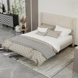 okwish Polsterbett 160x200 Jugendbett mit niedrige Basis und verschleißfest Füße,Doppelbett Bettgestell Bettrahmen mit weichem Kopfteil,ohne Mat... - Beige