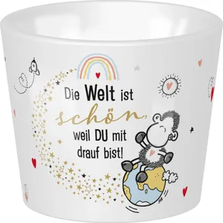 Sheepworld Eierbecher mit Motiv "Die Welt ist schön, weil du mit drauf bist", mit Golddruck | Porzellan, Höhe 4,3 cm, Durchmesser 5,2 cm | lustiges Geschenk, Frühstück, Ostern | 48525