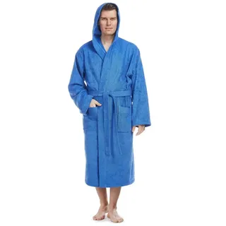 Arus Herrenbademantel Pacific, waden lang, mit Kapuze, 100% Baumwolle, für Spa & Zuhause, 100% Baumwolle, Kapuze, Gürtel, mit Kapuze, wadenlang, 100% Baumwolle blau XXL