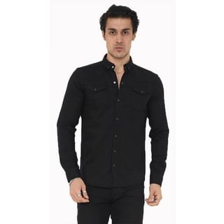 Premium Herren Hemd Basic Freizeithemd dickes Hemd Unifarben Langarm Slim-Fit 100% Baumwolle 4XL Schwarz