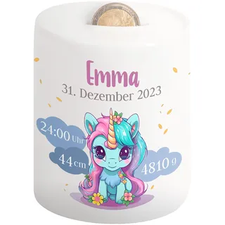 Kinder-Spardose mit Namen & Geburtsdaten personalisiert - Wolken-Motiv - Geldgeschenk für Neugeborenen & Baby - Sparschwein für Mädchen & Jungen - Geschenk zur Geburt, Taufe, Geburtstag (Einhorn)