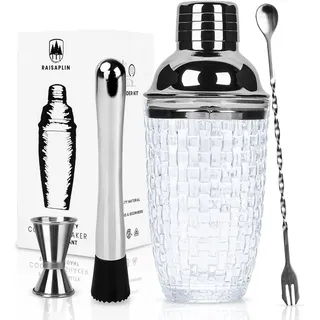 Raisaplin 4 Stück Glas Cocktail - Family Bar Primary Bar, Werkzeuge für die Mischung von Getränken einschließlich Glas Barkeeper, 10 "Cocktail-Suppe, super lange Getränke Mixer und Doppel Mixer