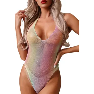 BKEPDY Body Neckholder Damen Ärmellos Bodysuit V Ausschnitt Mesh Leotard Stretchy Cutout Fischnetz Oberteil Sexy Tank Top Damenbodys Tops Schwarz Jumpsuit Clubwear Elastisch - Einheitsgröße