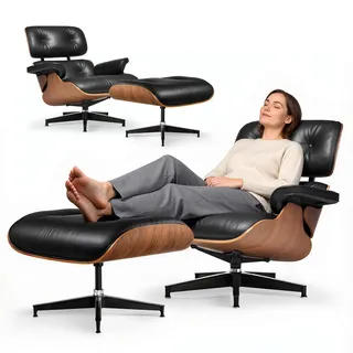 Asukale Leder Relaxsessel mit Hocker, Moderner Sessel Wohnzimmer Fernsehsessel, Drehbarer Chaiselongue mit Ottomane, Fester Neigungswinkel von 105°, TV-Sessel mit Gepolstertem Kissen, Schwarz