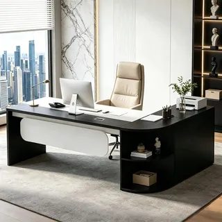 ZRBDDEF Chefschreibtisch L-Form mit Sideboard, Moderner Managerschreibtisch mit Stauraum, Großer Büroschreibtisch für Chefzimmer, Executive Schreibtisch für Büro und Homeoffice