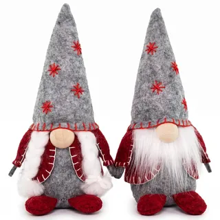hausleben Weihnachtswichtel 35 cm 2er Set–Skandinavische Tomte Figuren | Stoff-Pärchen mit Filzmütze, Bart & Zöpfen in Grau & Rot – Deko zum Aufstellen für Kamin, Tisch, Fensterbank & Büro