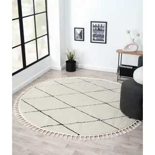 Myflair Hochflor-Teppich "Moroccan Diamond", schwarz-weiß (weiß, schwarz), B:190cm H:24mm L:190cm Ø:190cm, Polyester, Polypropylen (PP), MYFLAIR MÖBEL & ACCESSOIRES, Teppiche, modern, marokkanisches Design, Rauten Muster, weich, mit Fransen