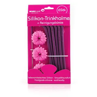 Kochblume Silikon-Trinkhalme 6-tlg. mit Reinigungsbürste | Premium-Silikon | Hitzebeständig | Spülmaschinenfest | Inklusive Reinigungsbürste | Farbe: lila