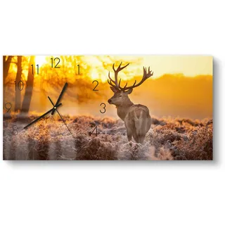 DEQORI Glasuhr | vertikal 60x30 cm | Motiv Hirsch am Wintermorgen | große XXL Design Uhr aus Glas | leise Wanduhr für Wohnzimmer & Küche | moderne Hingucker Uhr für die Wand