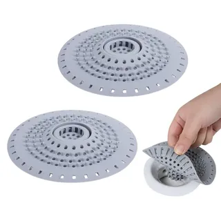 Abflusssieb aus Silikon - 2 Stück Haarsieb mit Saugnapf - Haarfänger für Dusche, Badewanne und Waschbecken - Grau - Grau