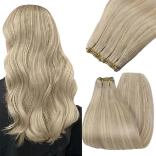 YoungSee Tressen Echthaar Blond 45cm Echthaar Tressen Aschblond Strahnchen Tressen Extensions Echthaar Glatt Haartressen Extensions Echthaar Tressen zum Einnahen Weft Echthaar Tressen 100g #18/613