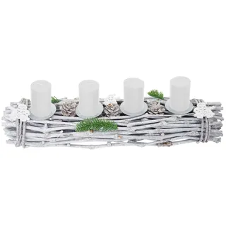 Mendler Adventskranz länglich, Weihnachtsdeko Adventsgesteck, Holz 60x16x9cm weiß-grau ~ mit Kerzen, weiß