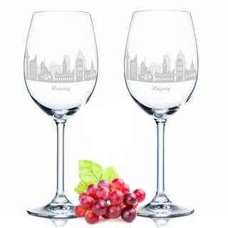 GRAVURZEILE Leonardo Weingläser mit Gravur - Skyline Leipzig im Set - Hochwertige 360° Lasergravur - schönes Geschenk als Andenken, Souvenir oder für Sammler & Weingenießer zum Geburtstag