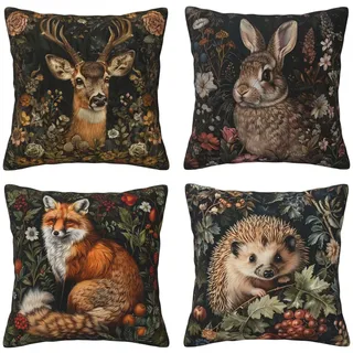 Kissenbezüge im Vintage-Stil, Waldtiere, 4er-Set, Hirsch, Fuchs, Kaninchen, Igel, Dekor, Dekokissen für Couch, Sofa, Zuhause, Büro, Outdoor, 50,8 x 50,8 cm