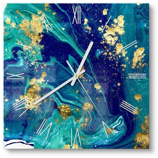 DEQORI Wanduhr 'Marmor mit Goldakzent' (Glas Glasuhr modern Wand Uhr Design Küchenuhr) blau 30 cm x 30 cm