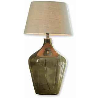 LOBERON Tischlampe Morazan - Mundgeblasen - Weinballon-Optik - Charmanter Retro-Look - Tischleuchte - Nachttischlampe - Leinen - Glas, grün/leinen