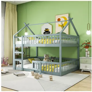 HAUSS SPOLE Etagenbett 140 x 200cm Kinderbett mit Treppe, Zaun Massivholzrahmen, Grau (Etagenbett-Rahmen 140x200 cm), ohne Matratze grau