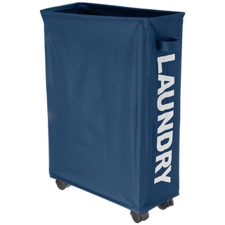 BAKAJI Schmutziger Wäschekorb, schmal, platzsparend, faltbar, aus Stoff, Dekoration mit Netzgriff, Griff und 4 Rädern, Maße: 39 x 20 x 56 cm (blau)