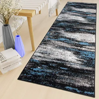 TAPISO Maya Teppich Läufer Meterware Kurzflor Wohnzimmer Flur Küche Modern Brücke Grau Blau Schwarz Verwischt Meliert Design ÖKOTEX 120 x 200 cm