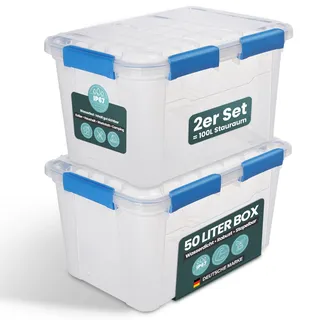 Kreher Aufbewahrungsbox mit Deckel, wasserdicht (2x 50 L) | Staub- & luftdicht dank Silikondichtung und Clips, transparent und stapelbar, BPA- & schadstofffrei, robuste Kunststoffbox