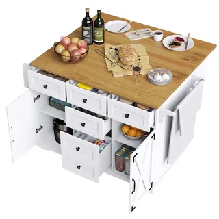 OKWISH Küchenwagen klappbar Weiß 147x70x93 cm mit ausziehbarer Tischplatte und viel Stauraum, MDF Metall, mobiler Servierwagen als Sideboard