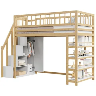 Odikalo Hochbett Kinderbett Jugendbett Kleiderschrank Regalen Stauraum90x200 Natür+Weiß