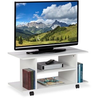 Relaxdays TV Board mit Rollen, 4 offene Ablagen, fahrbarer Couchtisch, für Geräte, CDs, DVDs, HBT 40 x 80 x 40 cm, weiß