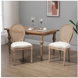 HOMCOM Esszimmerstuhl Küchenstuhl mit Rattan-Rückenlehne, Leinenoptik, Sessel, Stühle (Gepolsterter Polsterstuhl, 2 St), im Französischen Stil, für Wohnzimmer, Esszimmer, Cremeweiß weiß