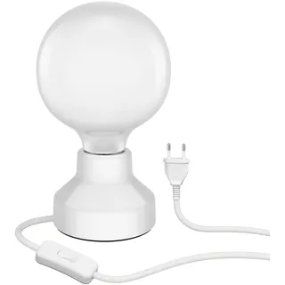 ledscom.de E27 Porzellan Tischlampe TIX, rund mit Stecker und Schalter, weiß, 90mm inkl. E27 Leuchtmittel 550lm warmweiß