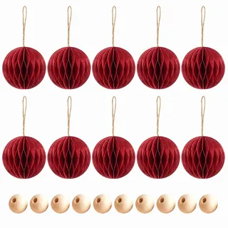 10 Stück Weihnachtskugeln Rot aus Papier, 8 cm Christbaumkugeln Rot mit 10 Holzperlen und Aufhängeschlaufe, Weihnachtsbaumschmuck, Weihnachtsbaum Schmuck für Tannenbaum, Advent und Winterdeko