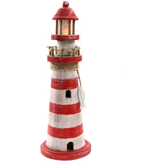 ELLUG Leuchtturm aus Holz mit flackernden LED-Lichtern und maritimen Details zum Stellen mit Timer-Funktion, H.: 35cm (Rot-Weiß)