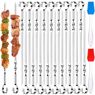 20 Stück Grillspieße aus rostfreiem Fleischspieße BBQ Silikonölbürste mitgeliefert Spieße Flache Wiederverwendbare Kabob Spieße Geschirrspüler erhältlich für Grillpartys im Freien(30cm)