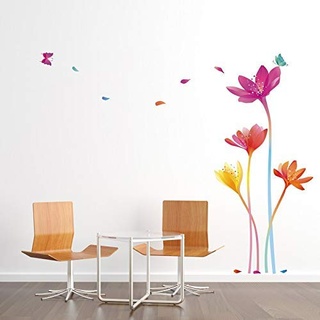 Selbstklebende Blumen | Wandtattoo Blumen und Schmetterlinge Regenbogen – Wanddeko Schlafzimmer und Wohnzimmer | 70 x 50 cm