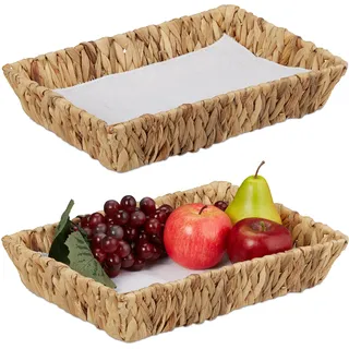 Relaxdays Obstschalen, 2er Set, Dekokörbe für Obst, Brot UVM., aus Wasserhyazinthe, HBT ca. 7x34x24 cm, Boho-Stil, Natur