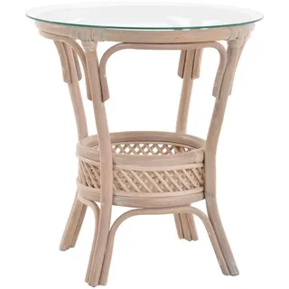 Krines Home Beistelltisch RattanTisch Beistelltisch Landhaus Rattantisch mit Glasplatte, Ø 59cm, Wohnzimmer Kaffetisch weiß