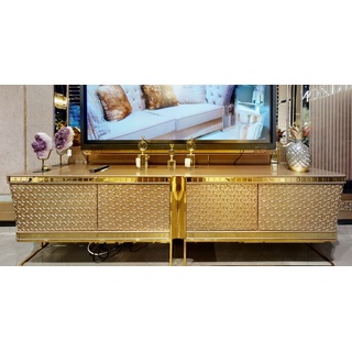 Casa Padrino Luxus TV Schrank Grau / Gold 254 x 50 x H. 65 cm - Massivholz Sideboard mit 4 Türen - Wohnzimmer Möbel - Luxus Möbel - Luxus Einrichtung