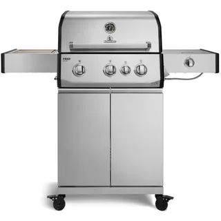 BURNHARD® Gasgrill 3-Brenner, 2x Edelstahl-Stabbrenner, 3,75 kW, Infrarot-Keramikbrenner, Infrarot-Keramikheckbrenner 3,2 kW, Seitenkochfeld, Gussrost, Piezo-Zündung – FRED Deluxe silberfarben