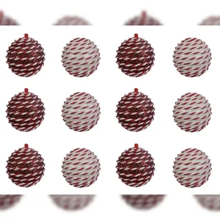 Christmas Decorations 12 Weihnachtskugeln 8cm Kunststoff Christbaumkugeln mit Streifen Muster rot weiß