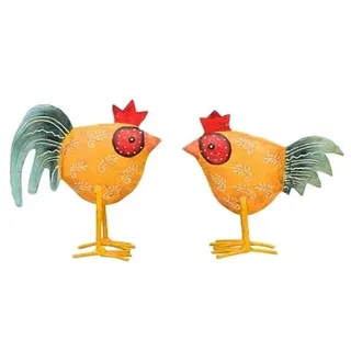 ETC frühlingshaftes kleines buntes Deko-Huhn und Deko-Hahn Metall bemalt im 2er Set gelb
