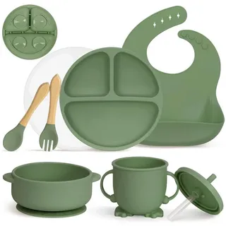LuxusKollektion Kindergeschirr-Set Geschirrset Silikon Baby Saugnapf rutschfest 7tlg BPAfrei Grün grün