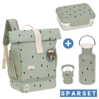 Lässig 3-tlg. Set Rucksack Mini Rolltop Backpack + Brotdose + Trinkflasche - Happy Prints - Light Olive