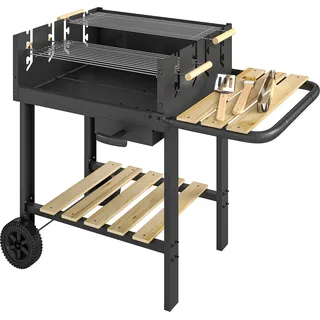 Outsunny Holzkohlegrill Grillwagen mit 4-fach höhenverstellbarer Grillrost 2 Holzablage 2 Räder Aschebehälter, fahrbar Holzkohle Grill 10 Personen für Terrasse Picknick Party 99,5 x 58 x 82 cm Schwarz   Aosom